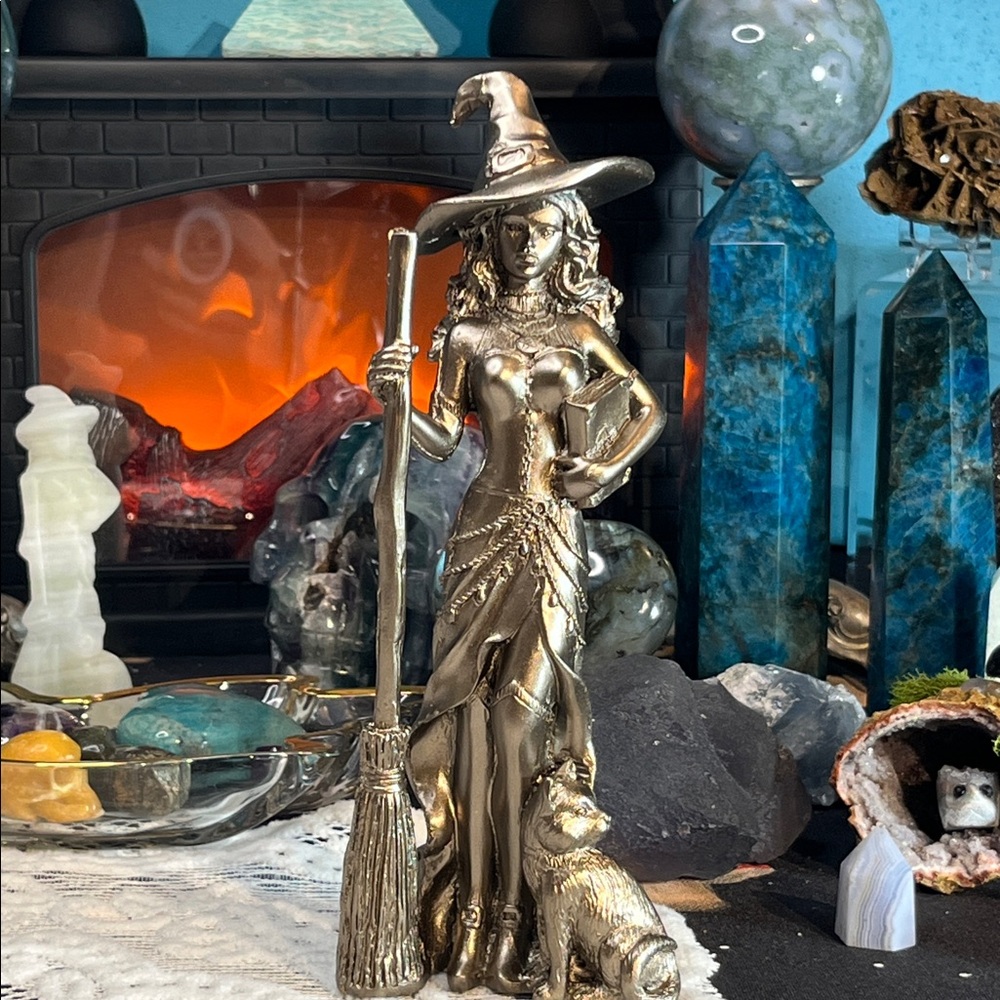 Resin gold witch with kitty and broom